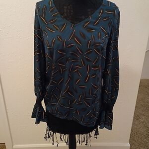 CAbi Teal and Brown Leaf Print Blouse